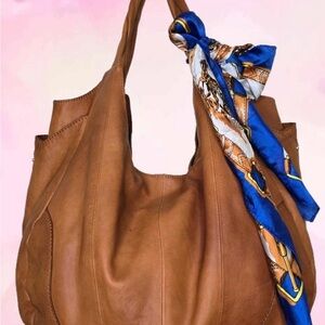HOBO Tan Leather Shoulder Bag with Blue Scarf